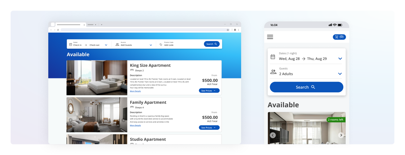 Hotel booking website displayed on desktop and mobile screens, showing available apartment listings, dates, guest selection, and pricing options. 