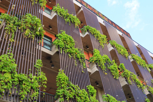 Photo of eco-friendly building. Green architecture is one component of a sustainable hotel strategy.