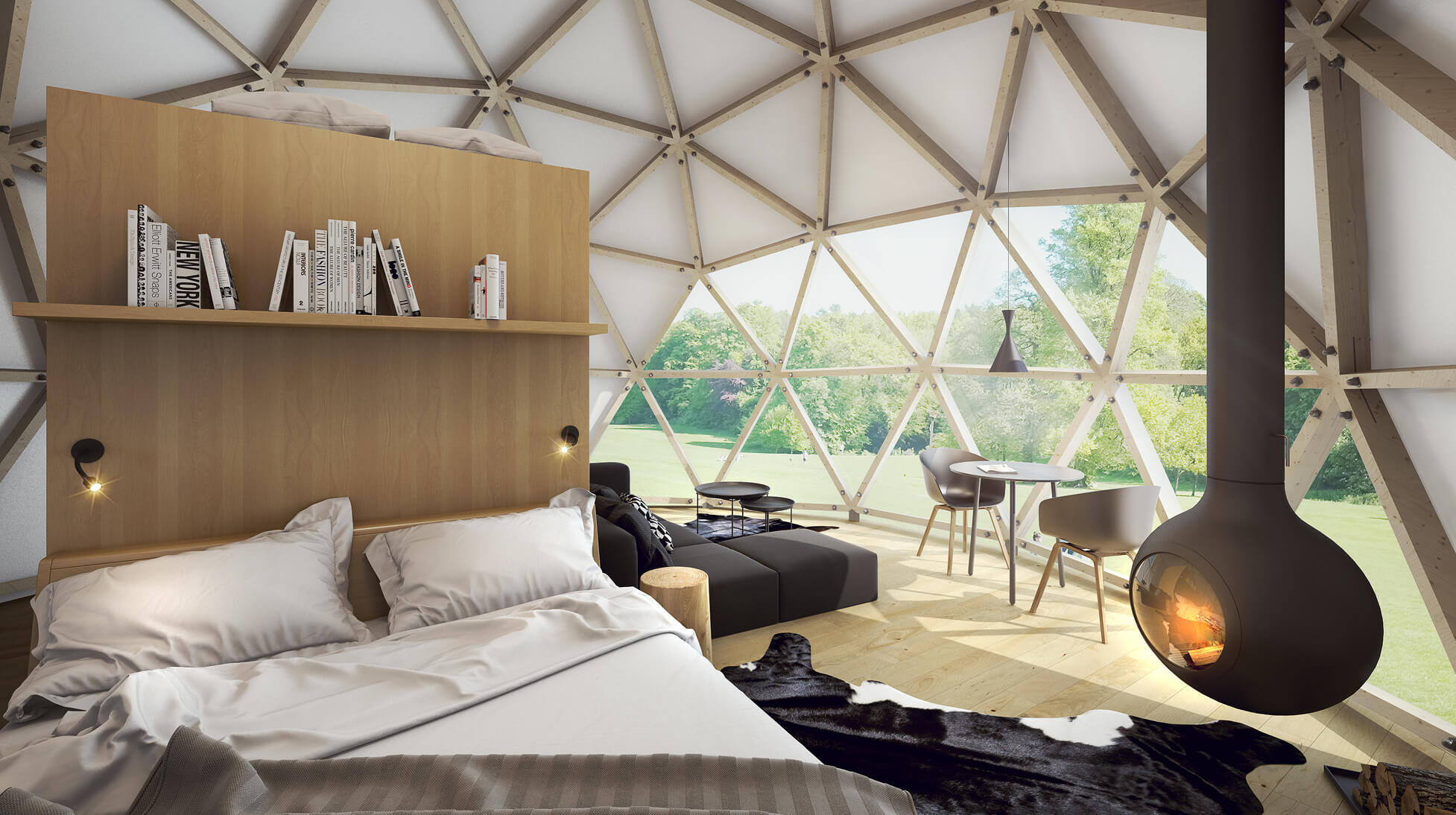 Glamping pod with stove