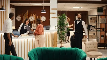 Front desk staff helping guests with check-in at a modern hotel reception area, with a concierge, receptionist, and visitors interacting in a warm, welcoming lobby.