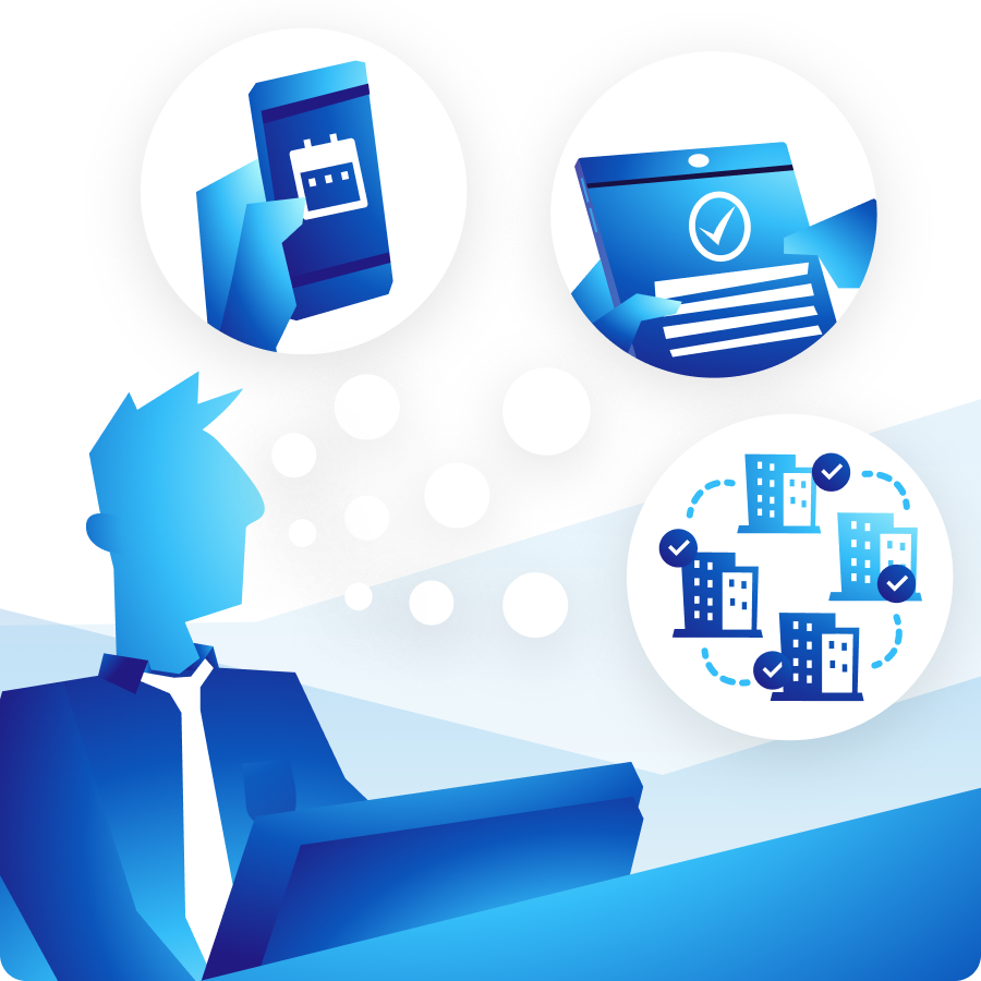 Cartoon showing hotel staff at reception with thought bubbles of guest booking on phone, housekeeper on tablet, and channels syncing—all connected in real-time.