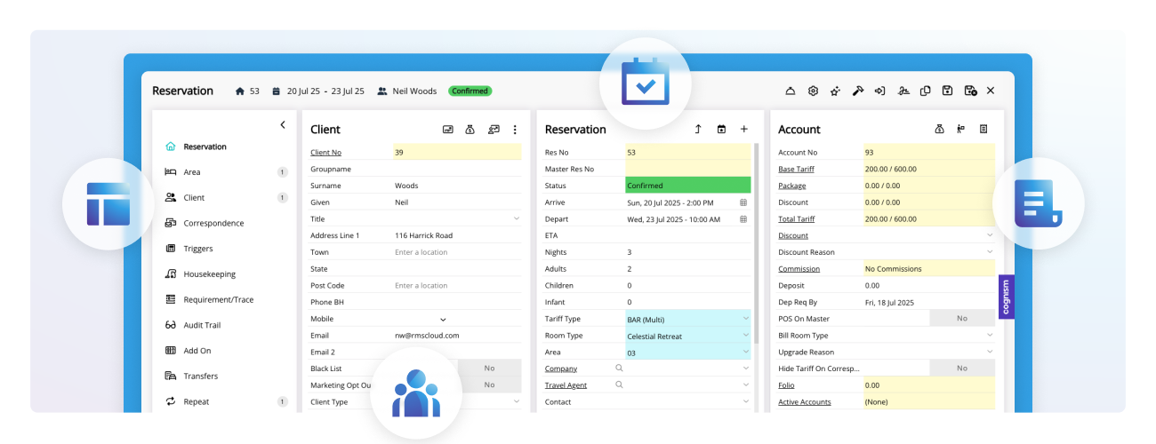 Screenshot of the RMS PUP (Pop-Up Panel) showing a guest record. The panel displays guest preferences, booking details, contact information, and communication history in a single view, illustrating how staff can access key details without switching between systems. 