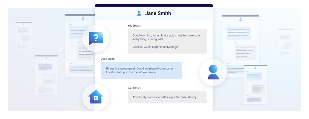 Screenshot of a guest portal conversation between a Guest Experience Manager and a guest. The conversation reads: “Host: Good morning, Jane! Just a quick note to make sure everything is going well. Jessica, Guest Experience Manager.” “Jane Smith: Hi, yes, it is going great. Could we please have some towels sent up to the room? We ran out.?” “Host: Absolutely. Someone will be up with those shortly.