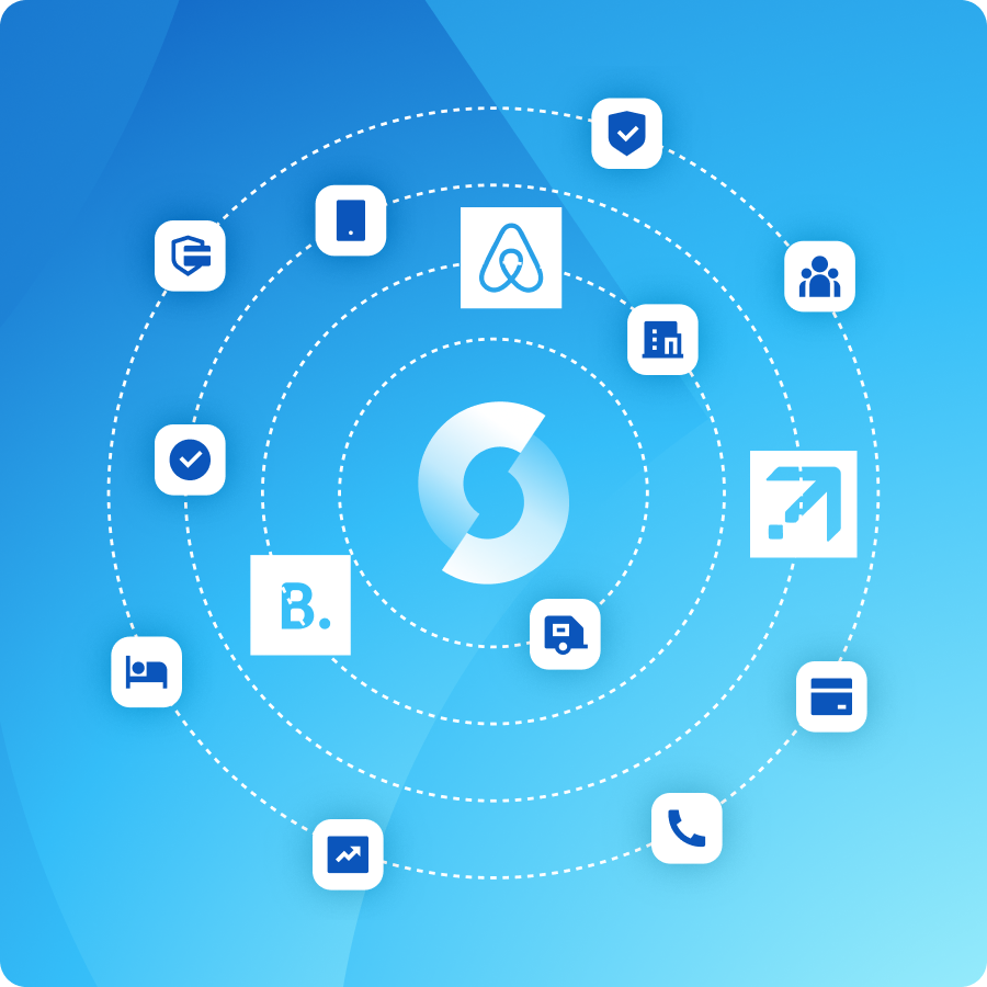 Diagram showing a PMS as the central hub connecting to OTAs, booking engine, GDS, front desk, housekeeping, payment gateway, and guest communication tools