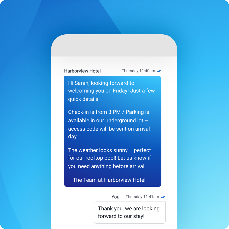 Screenshot of RMS Guest Portal mobile interface displaying a personalized pre-arrival message. The message reads: "Hi Sarah, looking forward to welcoming you on Friday! Just a few quick details: Check-in is from 3 PM / Parking is available in our underground lot—access code will be sent on arrival day / The weather looks sunny—perfect for our rooftop pool! Let us know if you need anything before arrival. – The Team at Harborview Hotel." The interface shows a clean, easy-to-read chat-style layout optimized for mobile devices