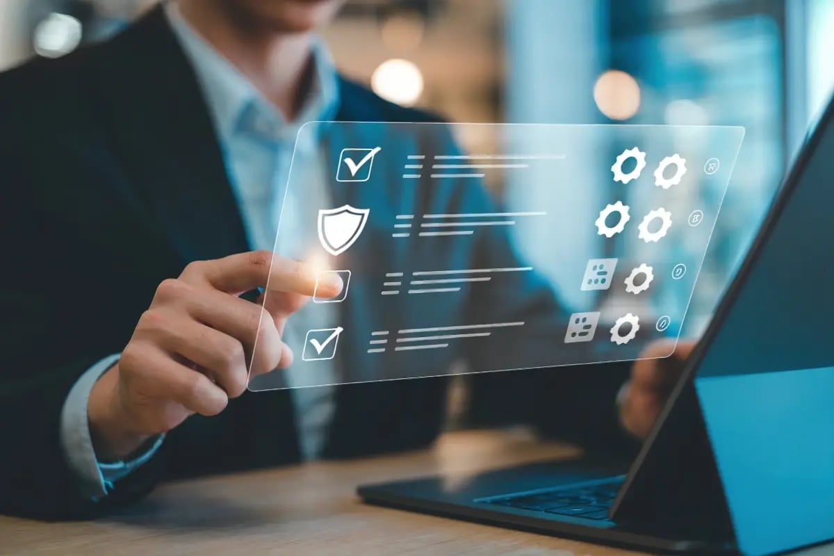 Illustration of a person using a digital checklist to evaluate options when assessing providers.