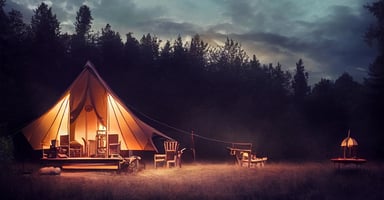 A serene photo of a glamping tent at night in beautiful countryside.