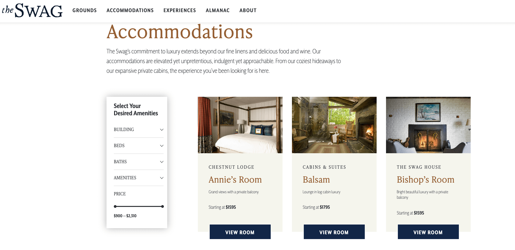 Accomodation webpage of the Swag