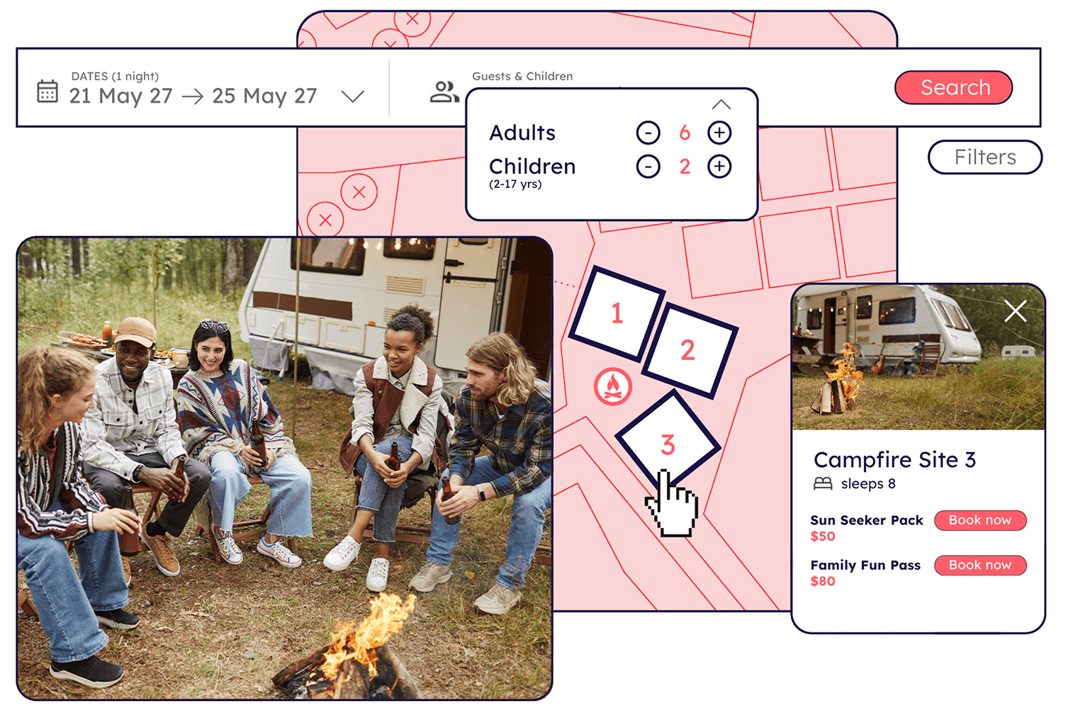 Let guests explore your park, pick their perfect site, and book instantly. 