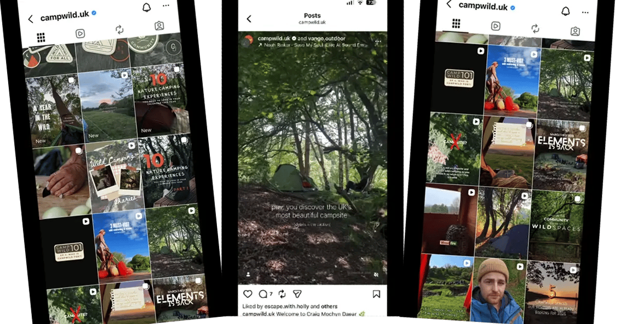 Instagram feed showing mix of professional property photos, guest-submitted photos, staff recommendation reel, and local attractions—varied content types.