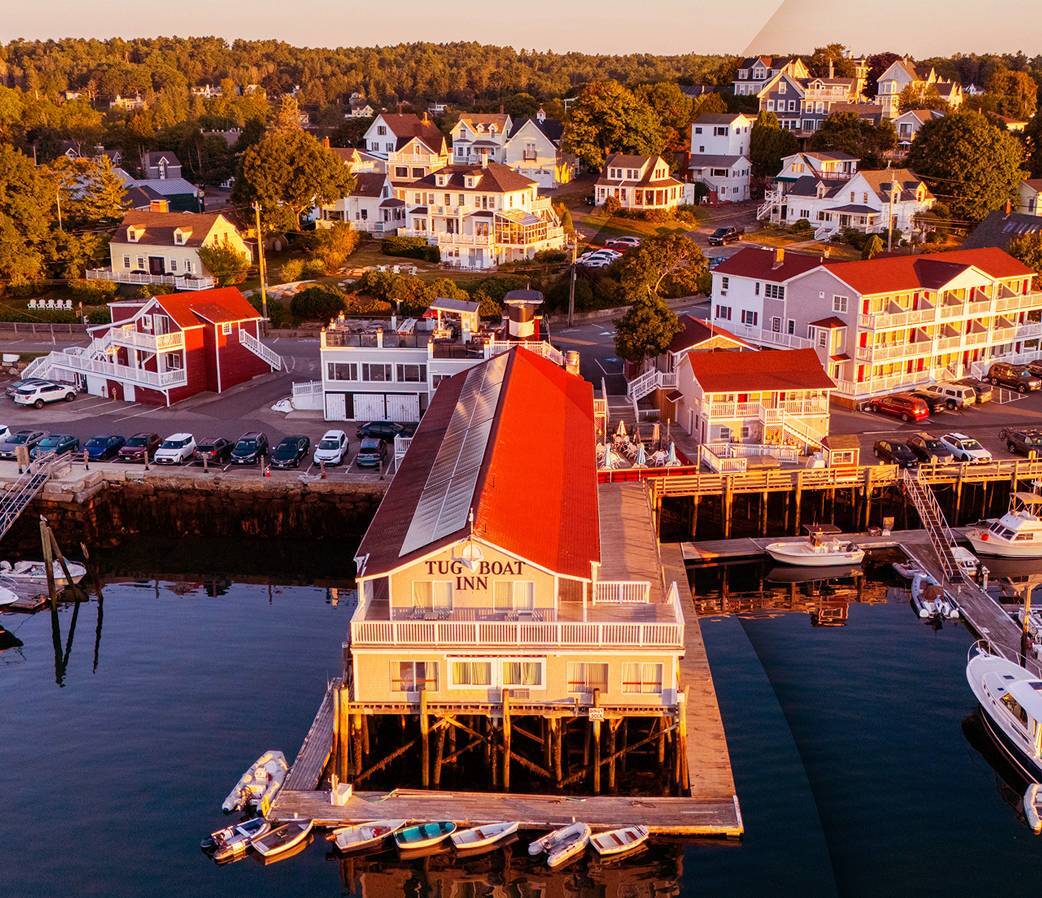View of the Tug Boat Inn at sunset