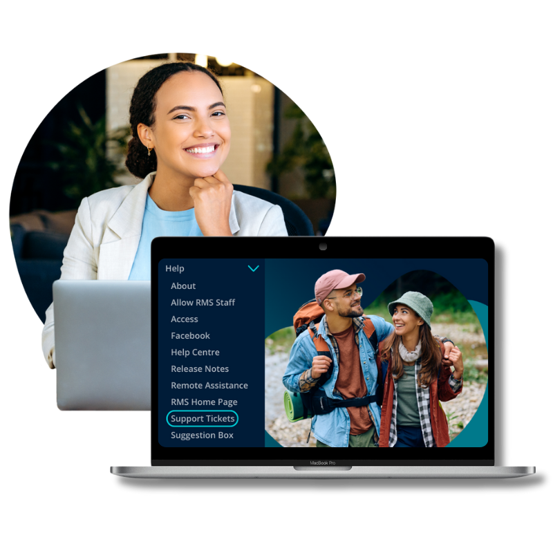 Support Tickets & Woman on Laptop