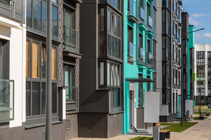 Angular view of entrance to apartment building